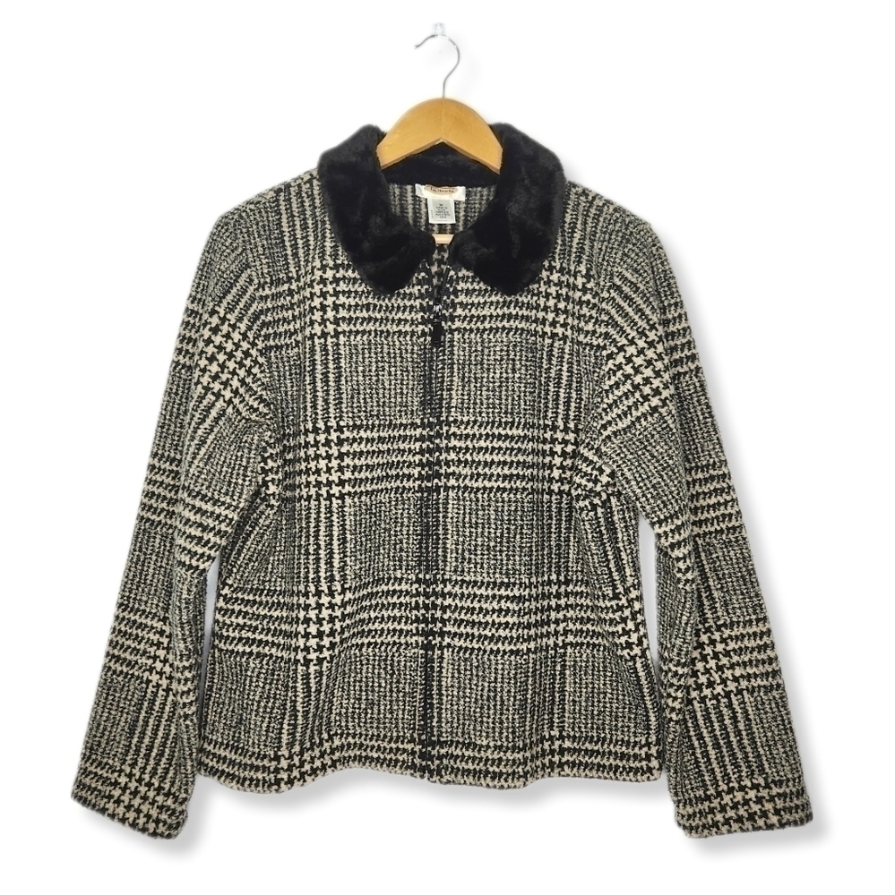 Vintage Talbots Houndstooth Plaid Faux Fur Collar Oversized Boxy Jacket Size Med